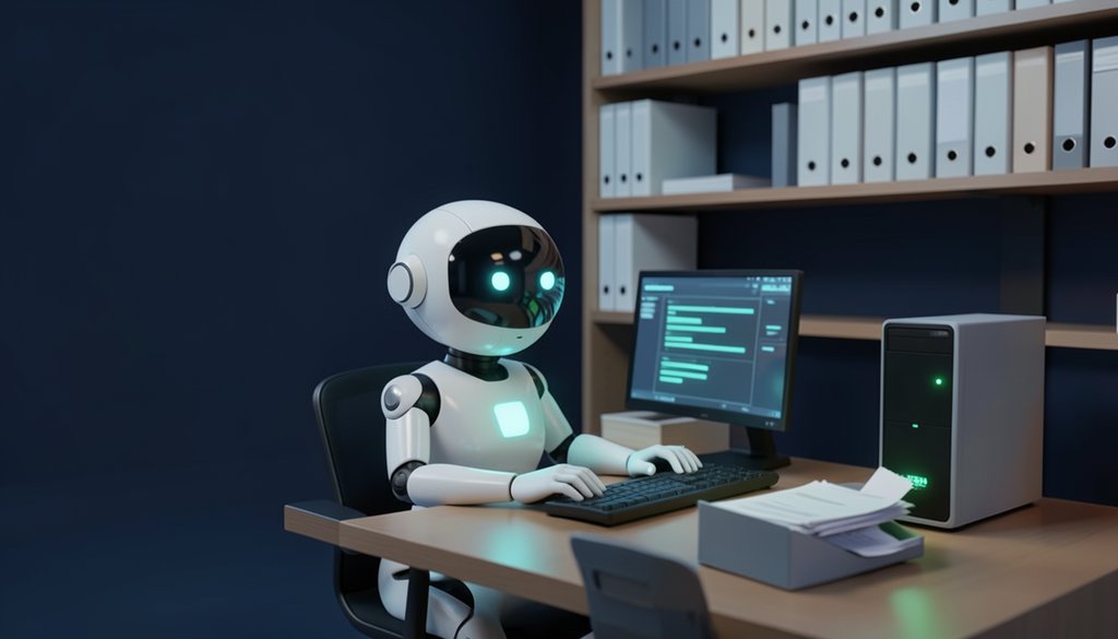 A smart worker at a keyboard in a small accounting office, with a compact server on the desk and shelves of binders behind.