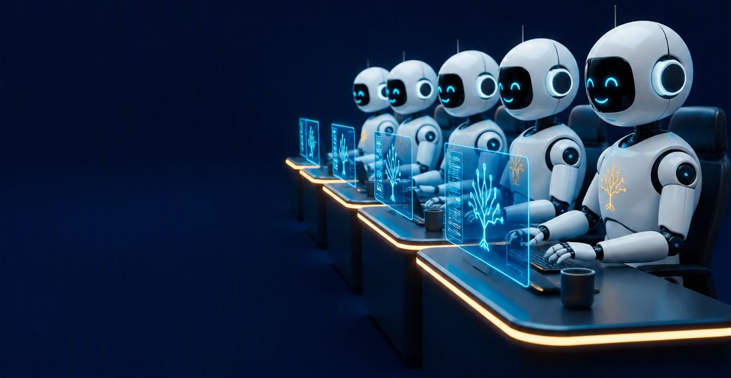 A row of smart workers at their desks, each at a keyboard and screen.