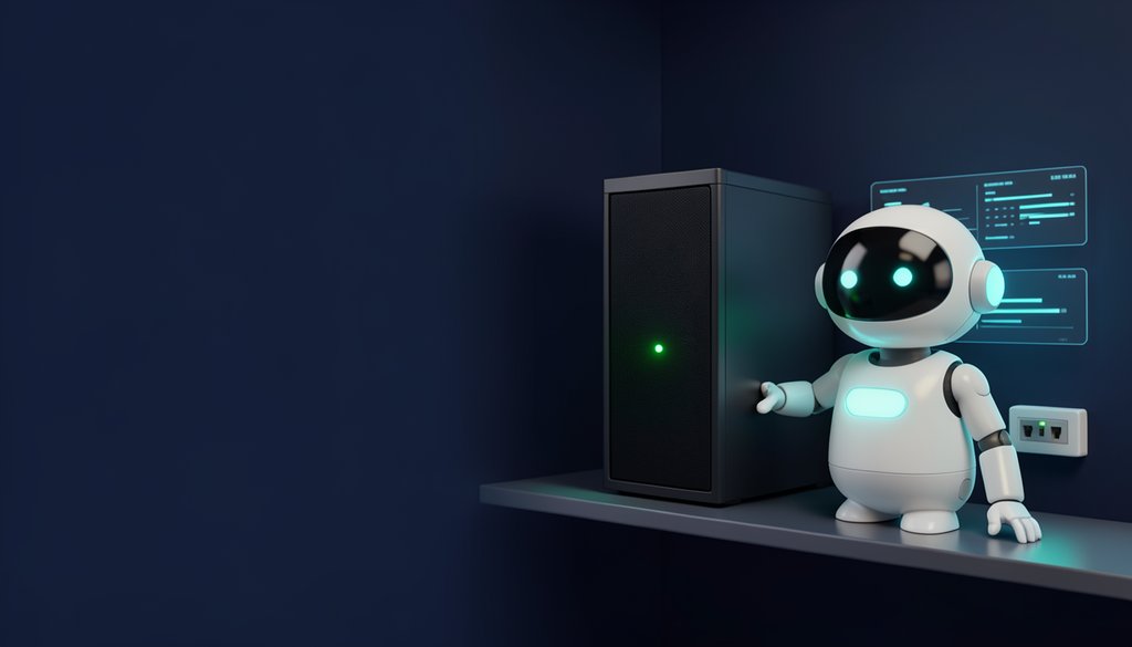 A compact server with a steady green light on a shelf, with a smart worker standing beside it.