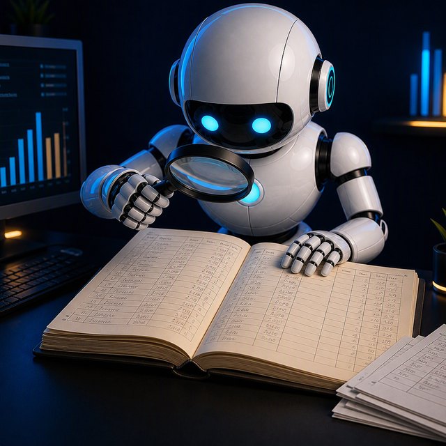 A smart worker examining a ledger with a magnifying glass.