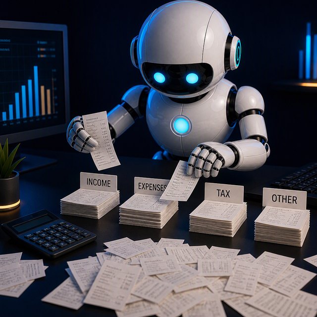 A smart worker sorting receipts into piles.