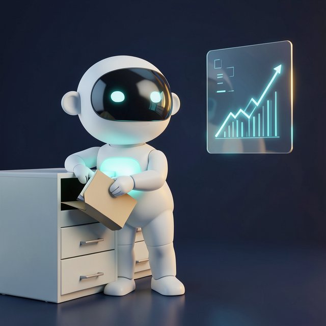 A smart worker pulling a folder from a filing cabinet beside a panel showing a rising chart.