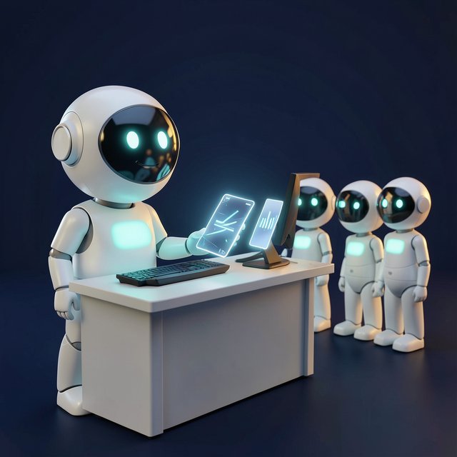 A smart worker at a reception desk handing cards to three smaller smart workers waiting in line.