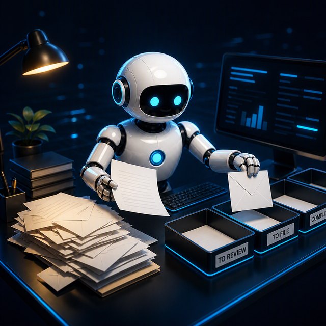 A smart worker at a desk sorting a pile of papers into trays.