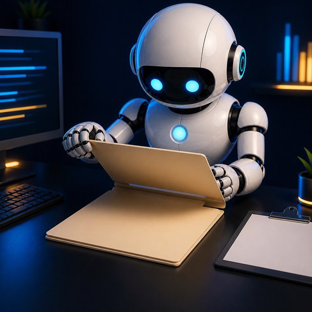 A smart worker opening a new empty folder beside a blank form.
