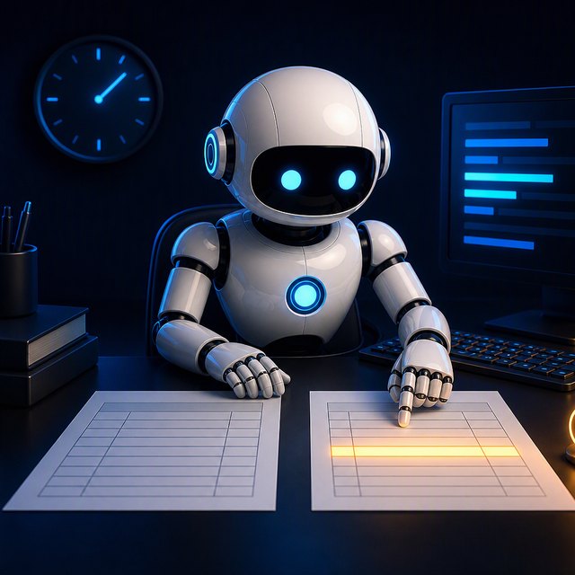 A smart worker comparing two timesheets, with one row highlighted.