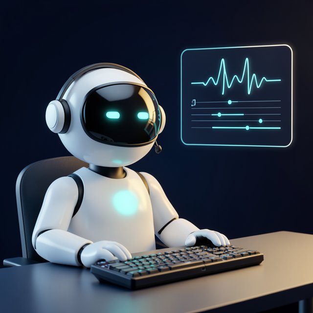 A smart worker wearing a headset at a keyboard, beside a panel showing a sound wave becoming lines of notes.