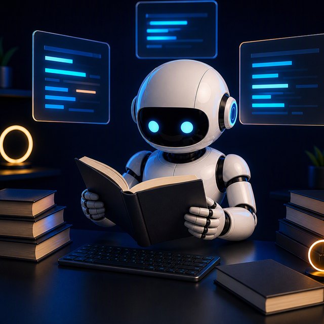 A smart worker reading a book among stacks of books and floating panels.
