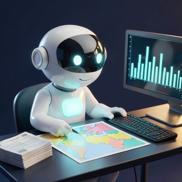 A smart worker at a desk studying a map of coloured regions beside a stack of receipts.