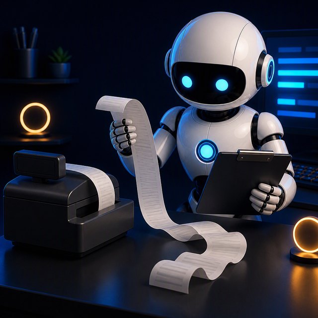A smart worker reading a long register tape with a clipboard in hand.