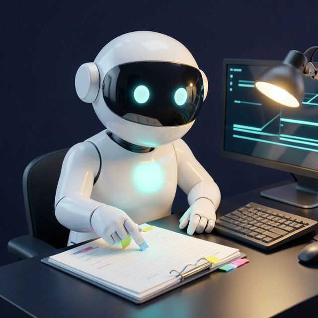 A smart worker at a desk placing coloured tabs on the pages of a thick folder of forms.