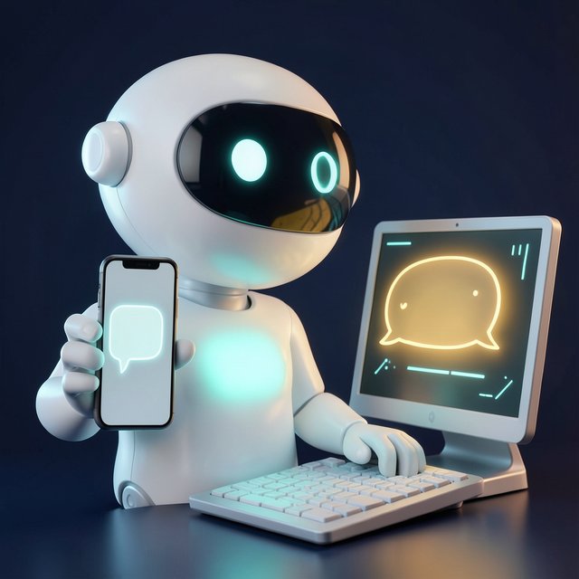 A smart worker holding a phone that shows a message bubble, with a draft message waiting on its screen.